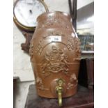 19th Century salt glazed stoneware barrel, relief moulded with Royal coat of arms, lions and knights