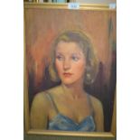 20th Century oil on board, head and shoulder portrait, study of a lady wearing a blue dress, 14ins x