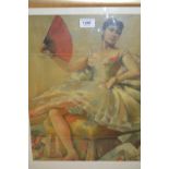 Oil on canvas, laid down, study of a seated ballet dancer holding a red fan, signed, A. Scarles,