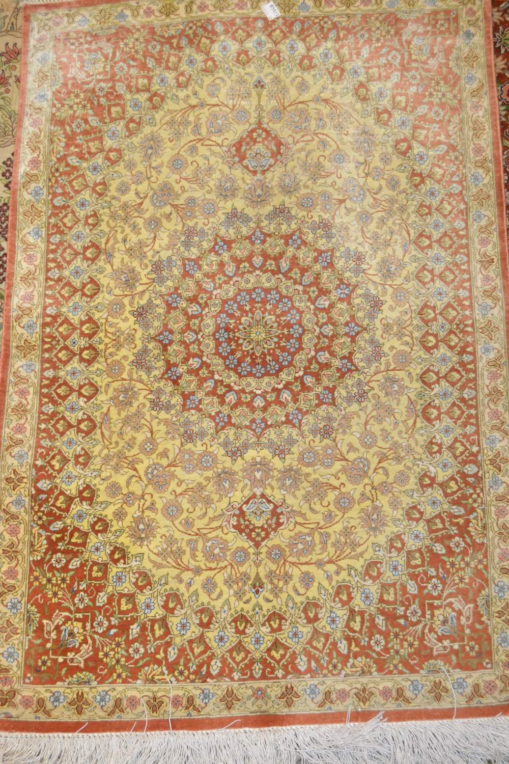 Small Turkish silk rug of Qum design, approximately 36ins x 22ins general good condition