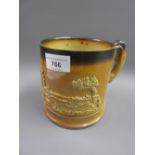 19th Century Denby salt glazed stoneware mug relief moulded with hunting scene, 5.25ins high
