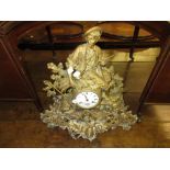19th Century French gold patinated spelter figural mantel clock with a two train movement striking