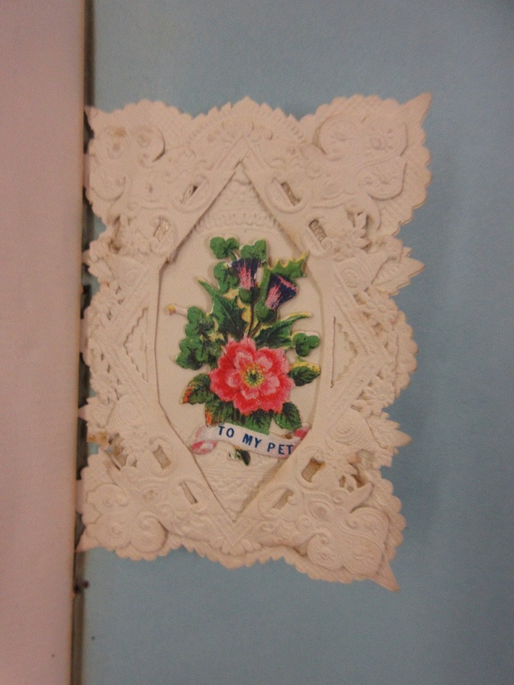 Small red cloth bound album containing a collection of valentines, love tokens, manuscript - Image 13 of 14