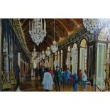 H.J. Andrews, oil on board, figures in the foyer of a grand building beneath chandeliers, signed,