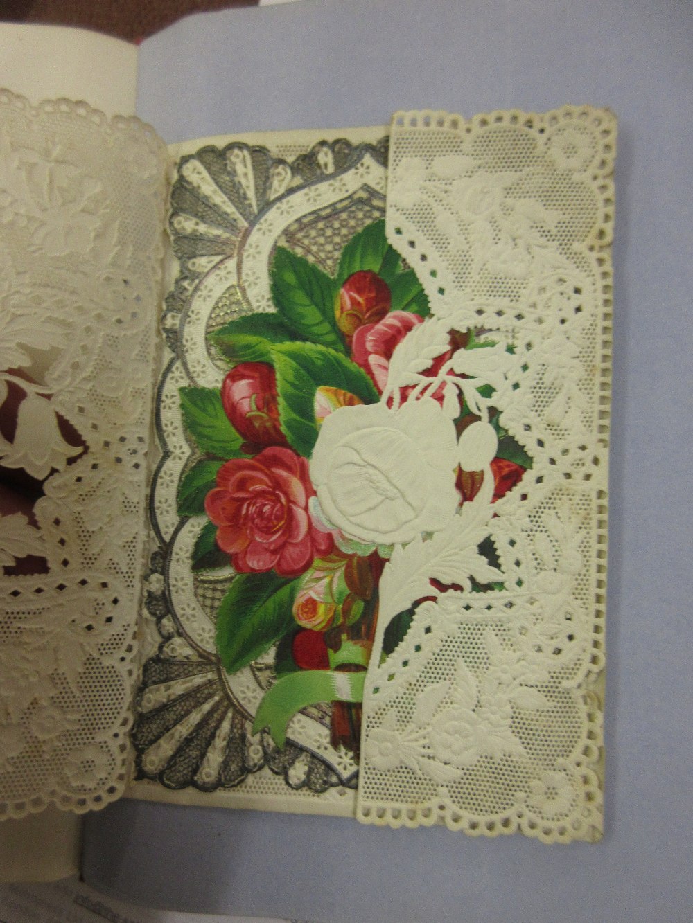 Small red cloth bound album containing a collection of valentines, love tokens, manuscript - Image 11 of 14