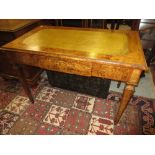 Good quality Victorian figured walnut crossbanded and marquetry inlaid writing table, the green