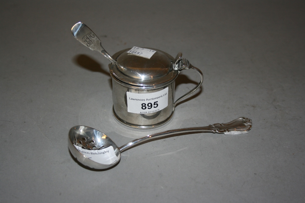 London silver circular mustard together with a plated sugar sifter spoon