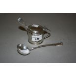 London silver circular mustard together with a plated sugar sifter spoon