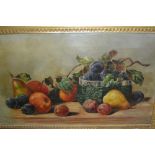 19th Century oil on canvas, still life, fruit, 13.5ins x 24.5ins, housed in a gilt Watts type frame