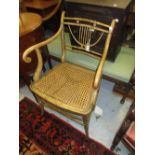 Regency painted beechwood bamboo effect open elbow chair with cane seat