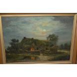 R. Stubbs, signed oil on canvas, figures by a moonlit cottage, dated 1872, 10ins x 14ins