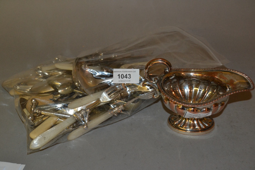 19th Century plate on copper cream jug, quantity of mother of pearl handled dessert knives and other