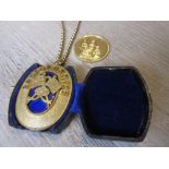 Gold plated and enamel Masonic pendant on chain, Bedfordshire, in fitted box and a gold plated