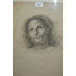 17th / 18th Century charcoal drawing on paper fragment, portrait of Christ, 18.5ins x 12ins