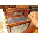 Edwardian mahogany and inlaid writing desk, the top mirror inset superstructure with two panelled