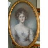19th Century pastel portrait of a young lady wearing a white dress with pale blue sash, 34ins x