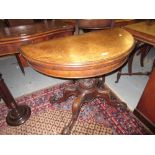 Victorian figured walnut marquetry inlaid demi lune card table raised on turned carved column and