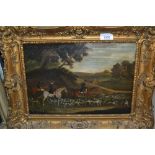 In the manner of Sir John Wootton, 19th Century oil, horsemen and hounds in a landscape, bearing