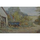 Arthur Hurst, watercolour farm scene with hay cart and figures by a gate, inscribed verso ' Upway