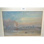 Thomas Hart, signed watercolour, mixed shipping in port at sunset, 9.5ins x 14ins