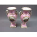 Pair of late 19th or early 20th Century Meissen type two handled pedestal vases painted with