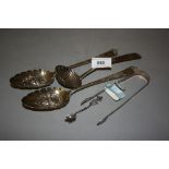 George III silver ladle with shell form bowl, pair of George III silver berry spoons, pair of silver