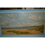 A.H. Nordberg, oil painting on canvas, view on sand dunes towards the sea with distant mountains,