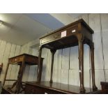 Small George III oak rectangular fold-over tea table with a single frieze drawer, the tapering