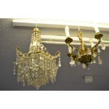Four branch gilt brass hanging chandelier, another cut glass hanging light fitting and sundry