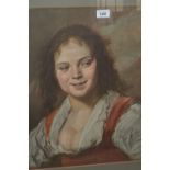 Oil on print, portrait of a girl wearing a white blouse and red dress, signed with monogram, 21.5ins