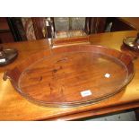 19th Century mahogany and brass bound two handled galleried tray Edges are very loose, some ink