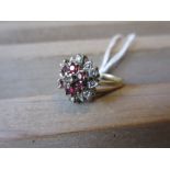 18ct Yellow gold ruby and diamond flower head cluster ring full hallmark, size O