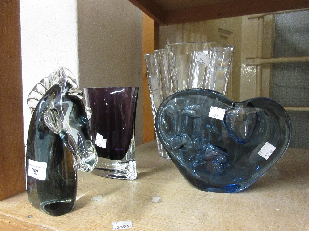 Murano type glass figure of a horse's head together with two Murano type vases and a Rosenthal glass