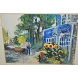 R.G. Bowyer, watercolour, street scene with flowers outside a shop, together with a modern pastel,