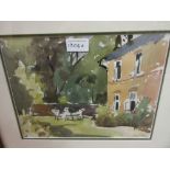 John Tookey, watercolour, garden scene with table and chairs, signed, modern green and gilt frame,