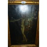 Continental oil on panel, female nude depicted as a fairy with flowers and birds, indistinctly