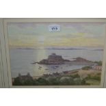 Margaret Waller, watercolour, ' Fort Grey, Guernsey ', signed, 9.5ins x 13ins, gilt framed