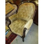 Good quality Victorian carved mahogany and button upholstered tub shaped drawing room chair on