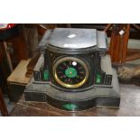 19th Century black slate and malachite inlaid mantel clock the black dial with gilt Roman