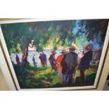 Roger Dellar, oil painting on board, a social gathering beneath trees at a lake side, indistinctly
