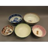 18th Century Chinese famille rose bowl (at fault), small Imari bowl and three other various bowls