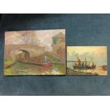 Violet McDougall, oil on panel, barge on a canal (label verso), 14ins x 10ins, together with an