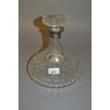 Large good quality hob nail cut glass ship's decanter with mushroom topper, silver collar and silver