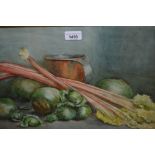 Two oak framed watercolours, still life studies of vegetables, together with a watercolour of West