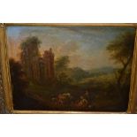 Late 18th / early 19th Century oil on copper panel, English landscape with figures and donkey before