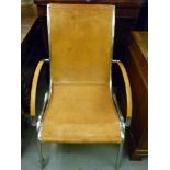 Mid 20th Century Scandinavian brushed aluminium and leather upholstered open elbow chair, together