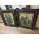 Pair of early 20th Century black and white photographs, cowboy and girl, housed in carved