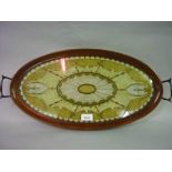 Edwardian mahogany, wire and bead work two handled oval tray, 22ins x 10.5ins Good condition, no