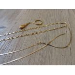 22ct Gold wedding band, 9ct gold neck chain, another chain (at fault), a 9ct gold single drop