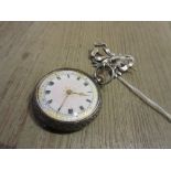 Ladies silver cased open face fob watch with bow pin and enamel dial with Roman numerals